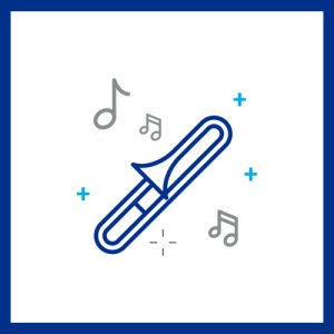 Graphic of a blue trombone with notes and stars in the background