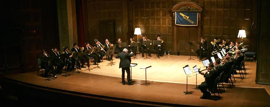 Photo of Eastman Trombone Choir on stage in concert