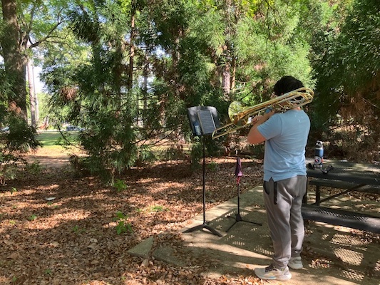 Photo, from University of South Alabama, shows a trombone player performing outside